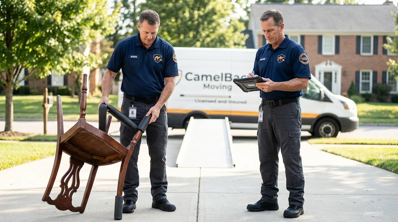 Movers inspecting furniture for damage prevention before loading in Perryopolis, PA