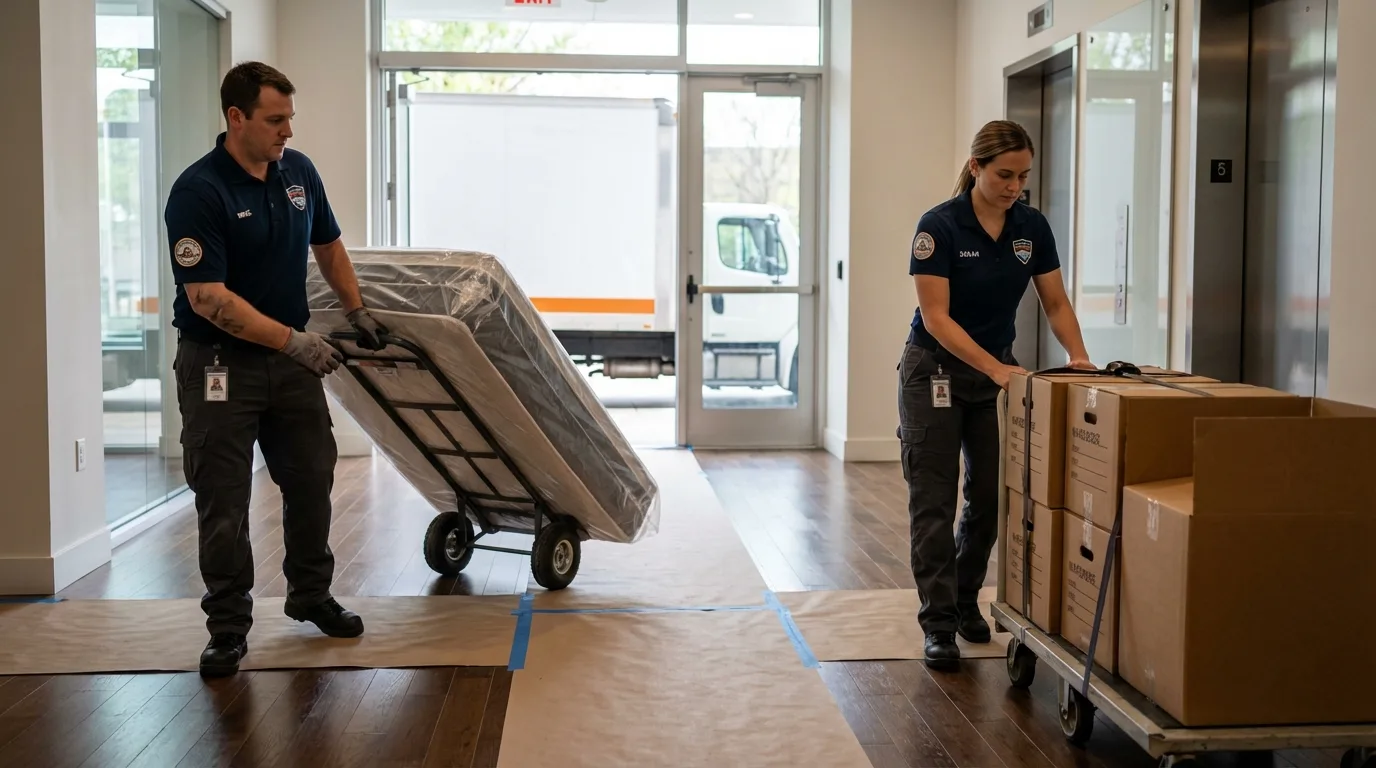 Professional apartment movers loading elevator in Perryopolis, PA